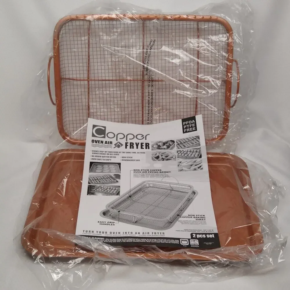Copper Oven Air Fryer Crisper Basket Tray 2 Piece Set Non Stick New Box
